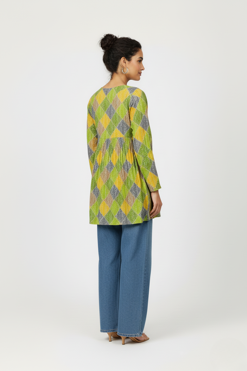 Printed A Line Flared Bandhani print Kurti with Long Sleeves.