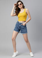 Women Blue Washed Loose Fit Mid-Rise Denim Shorts