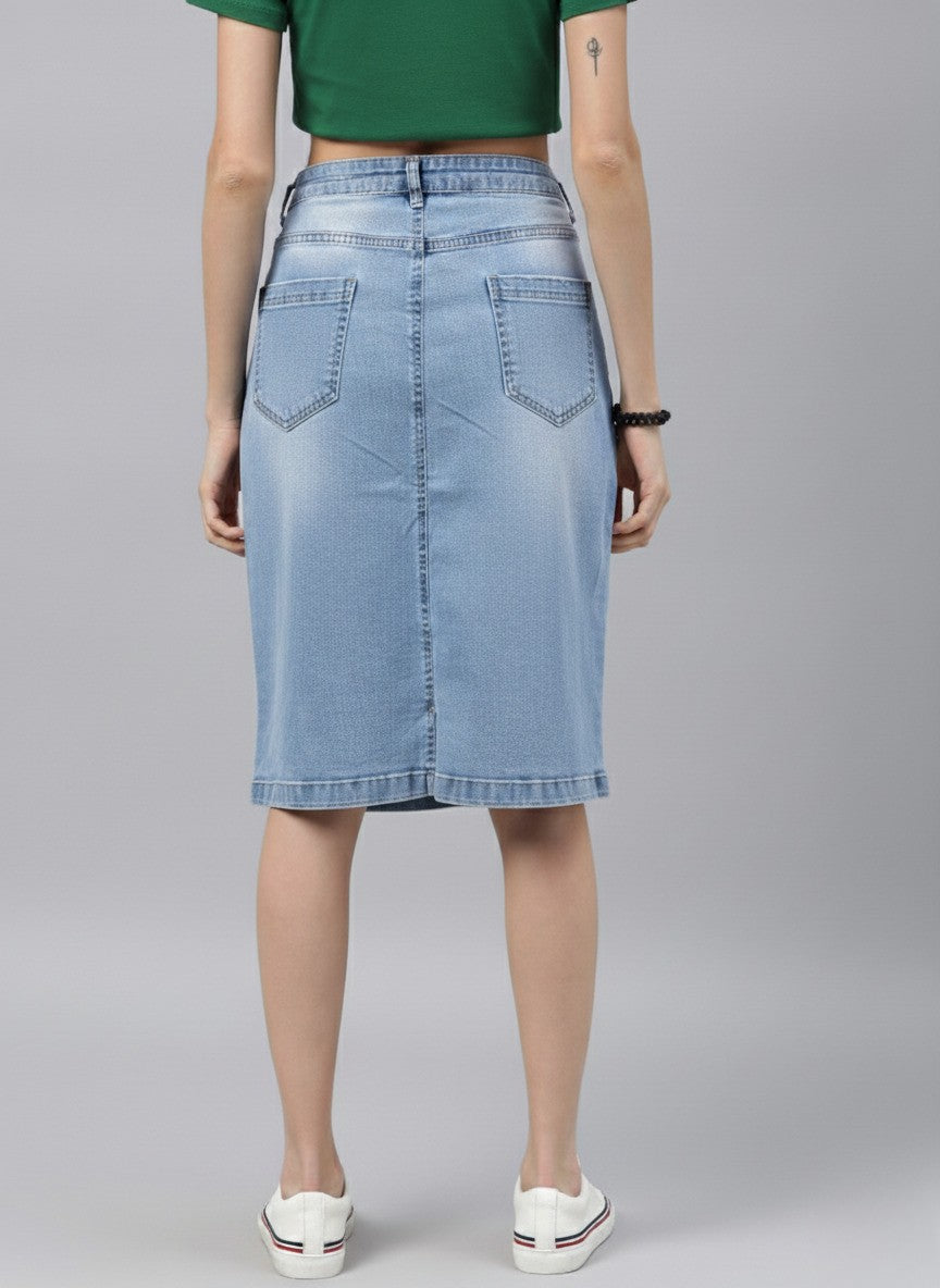 Women Blue Solid Light Fade Denim Skirt