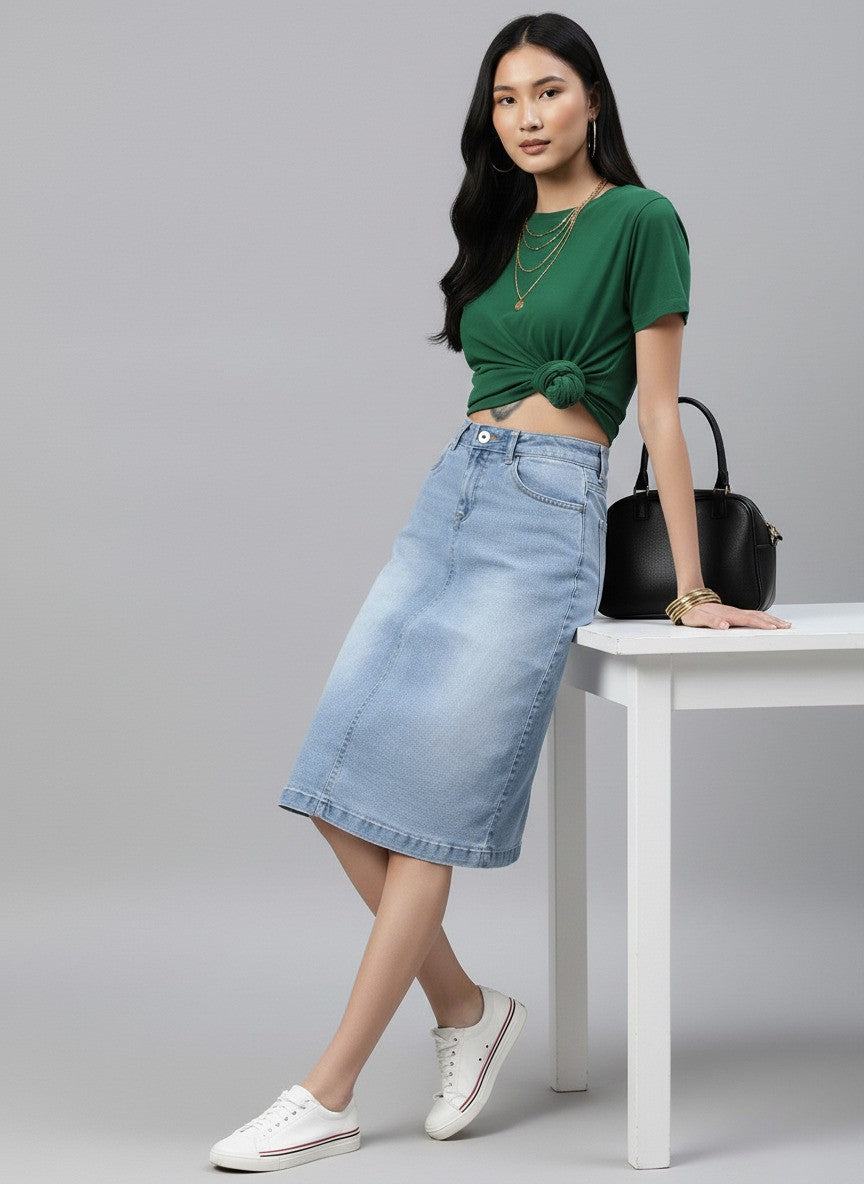 Women Blue Solid Light Fade Denim Skirt