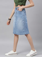 Women Blue Solid Light Fade Denim Skirt