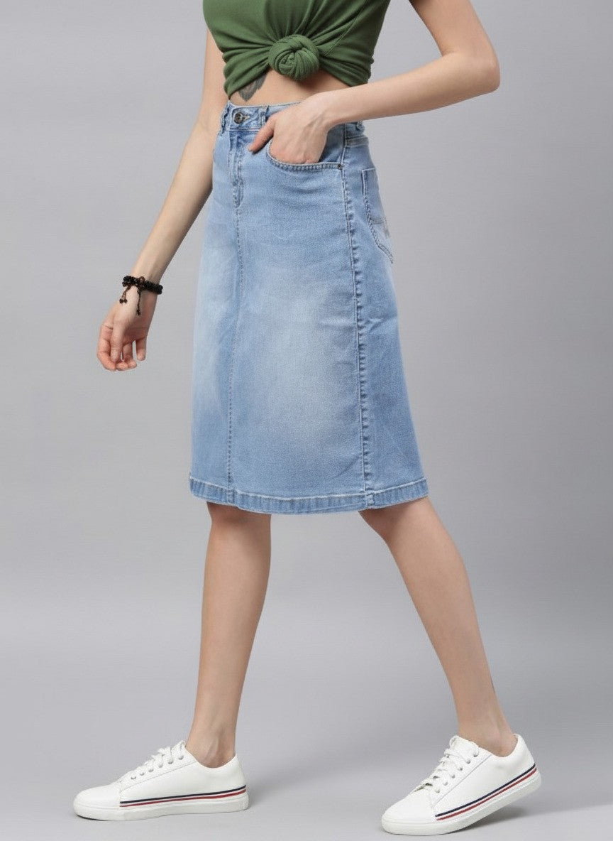 Women Blue Solid Light Fade Denim Skirt