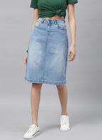 Women Blue Solid Light Fade Denim Skirt
