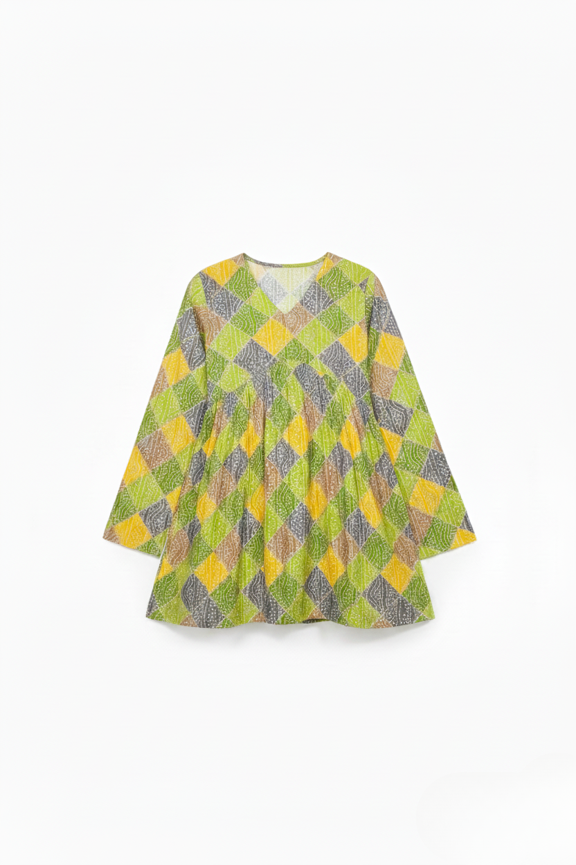 Printed A Line Flared Bandhani print Kurti with Long Sleeves.