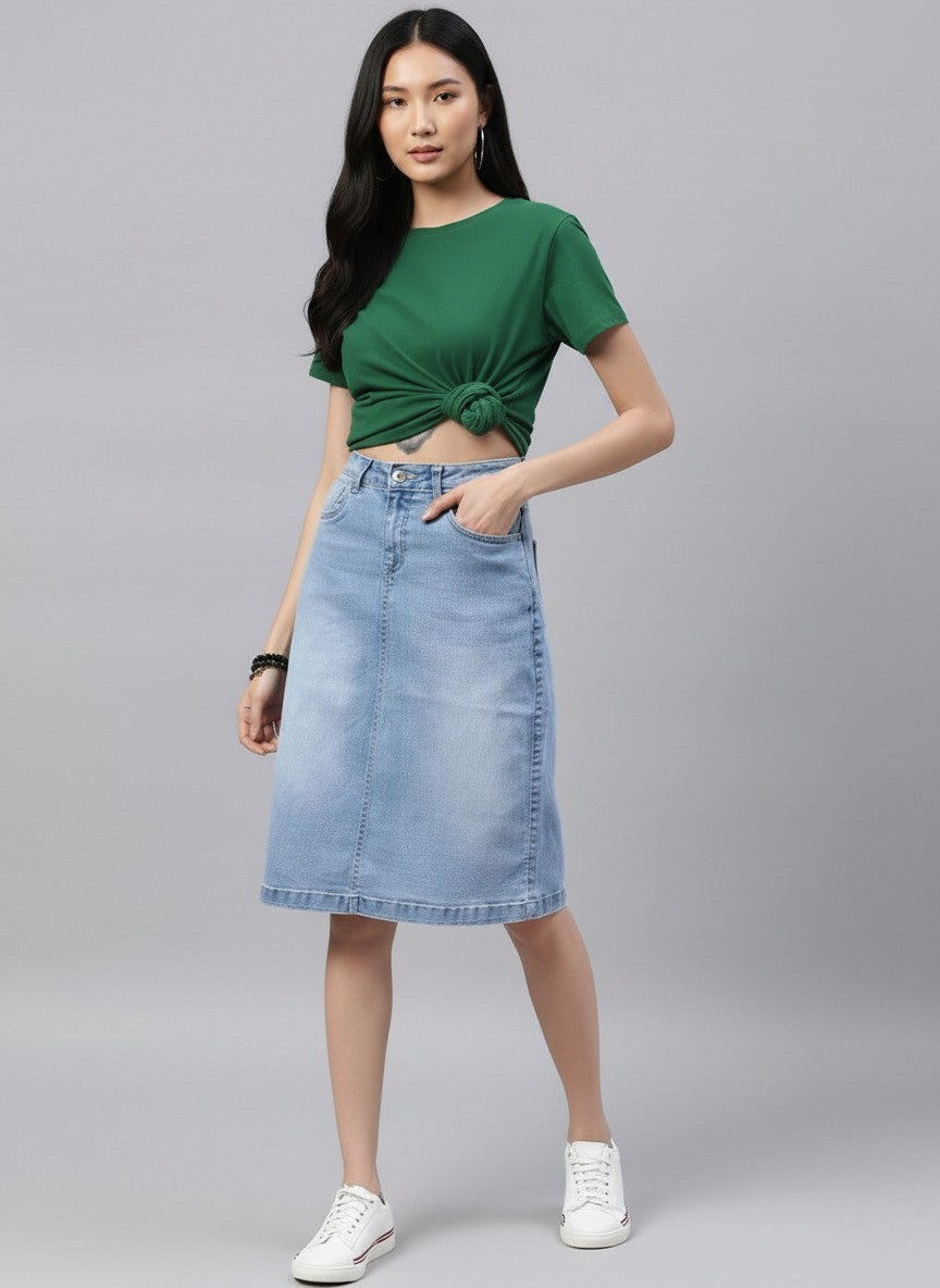 Women Blue Solid Light Fade Denim Skirt
