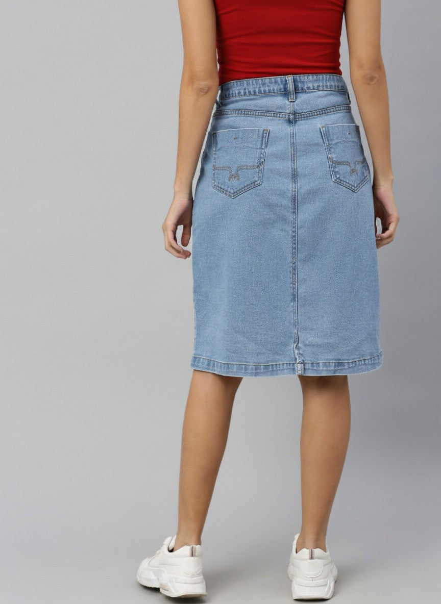 Women Blue Solid Straight Denim Skirt
