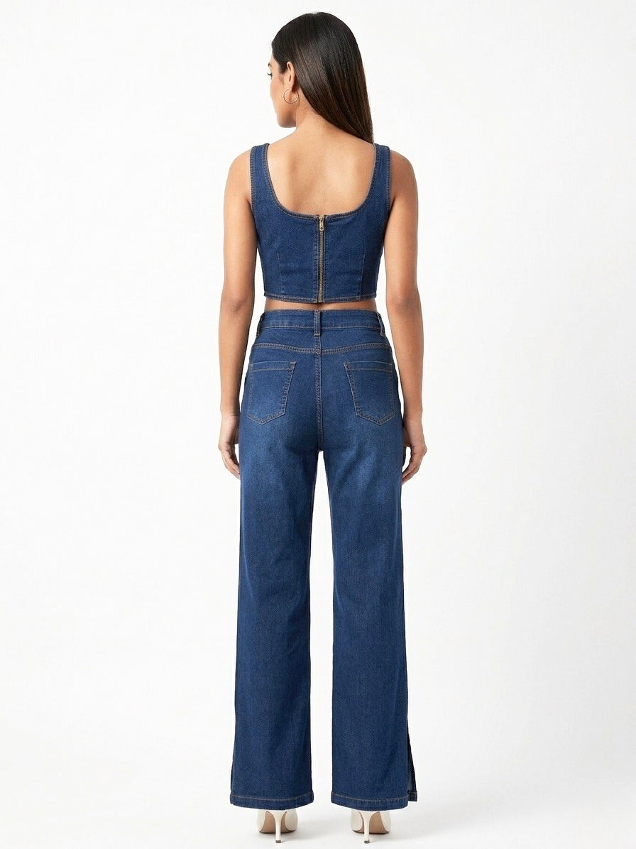 Women’s Denim Co-Ord Set with Crop Top and Jeans