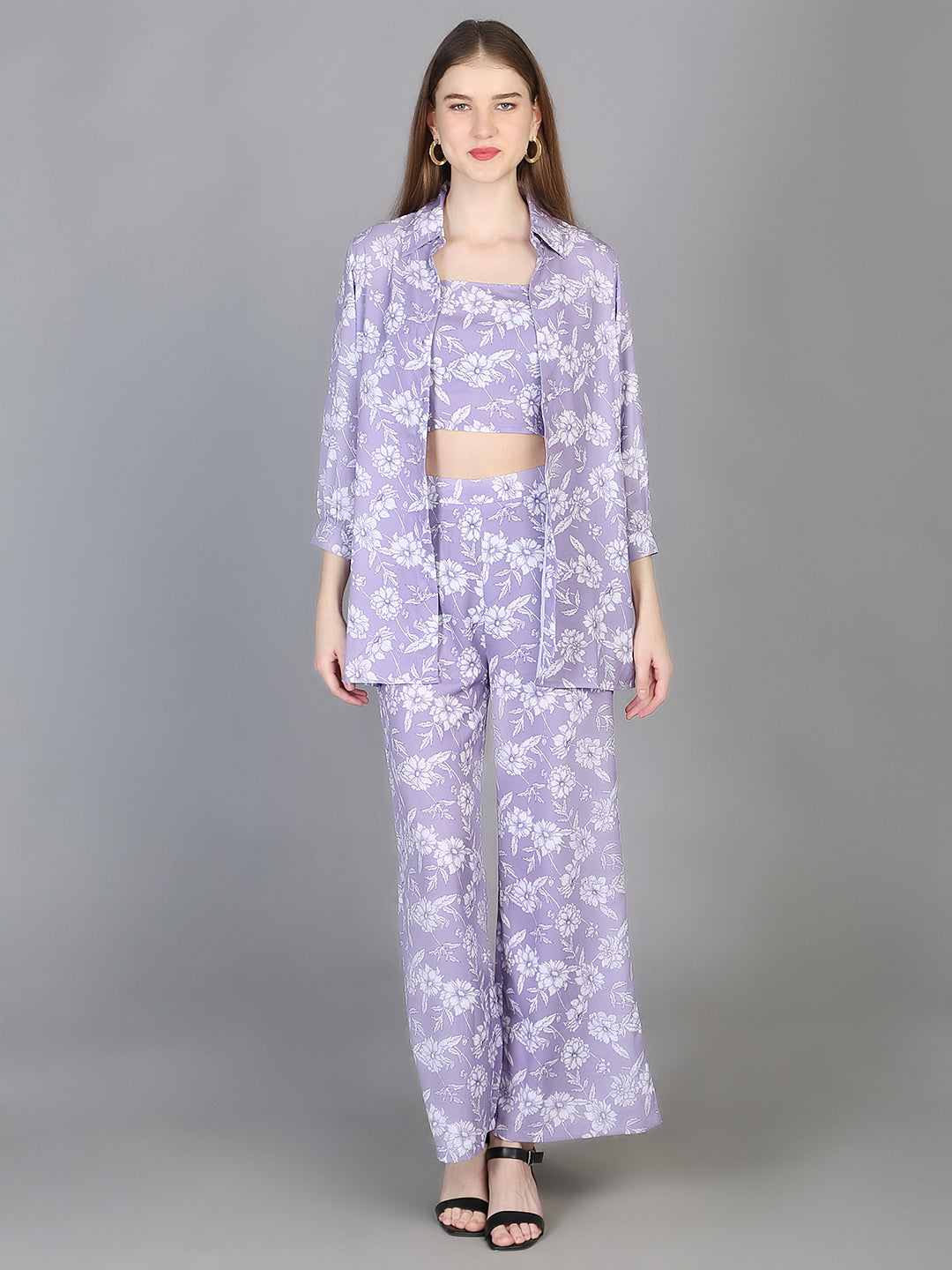 3 Pieces Floral Printed Top & Trousers with Shrug