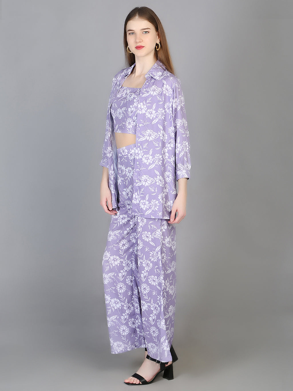 3 Pieces Floral Printed Top & Trousers with Shrug