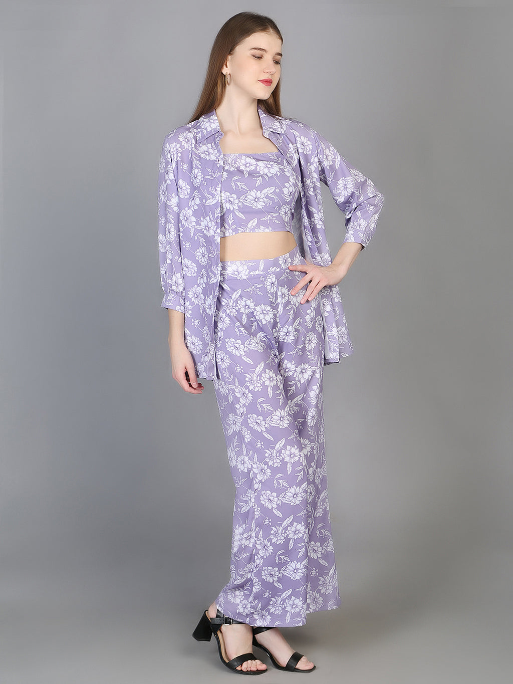 3 Pieces Floral Printed Top & Trousers with Shrug