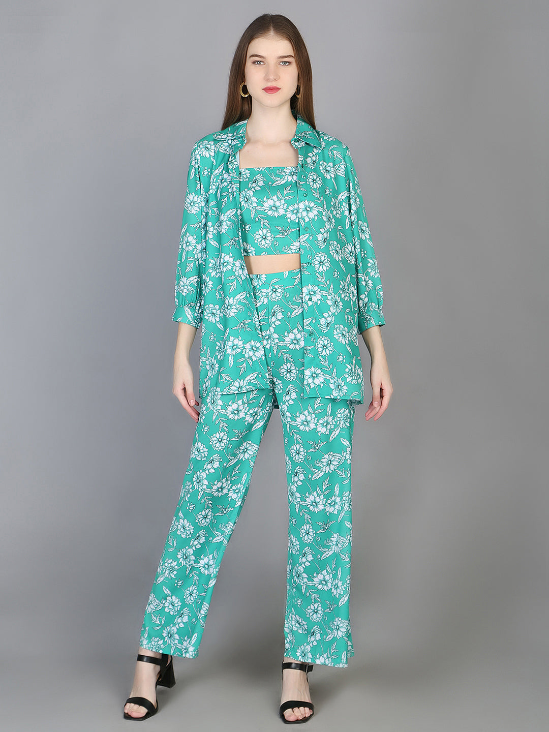 3 Pieces Floral Printed Top & Trousers with Shrug