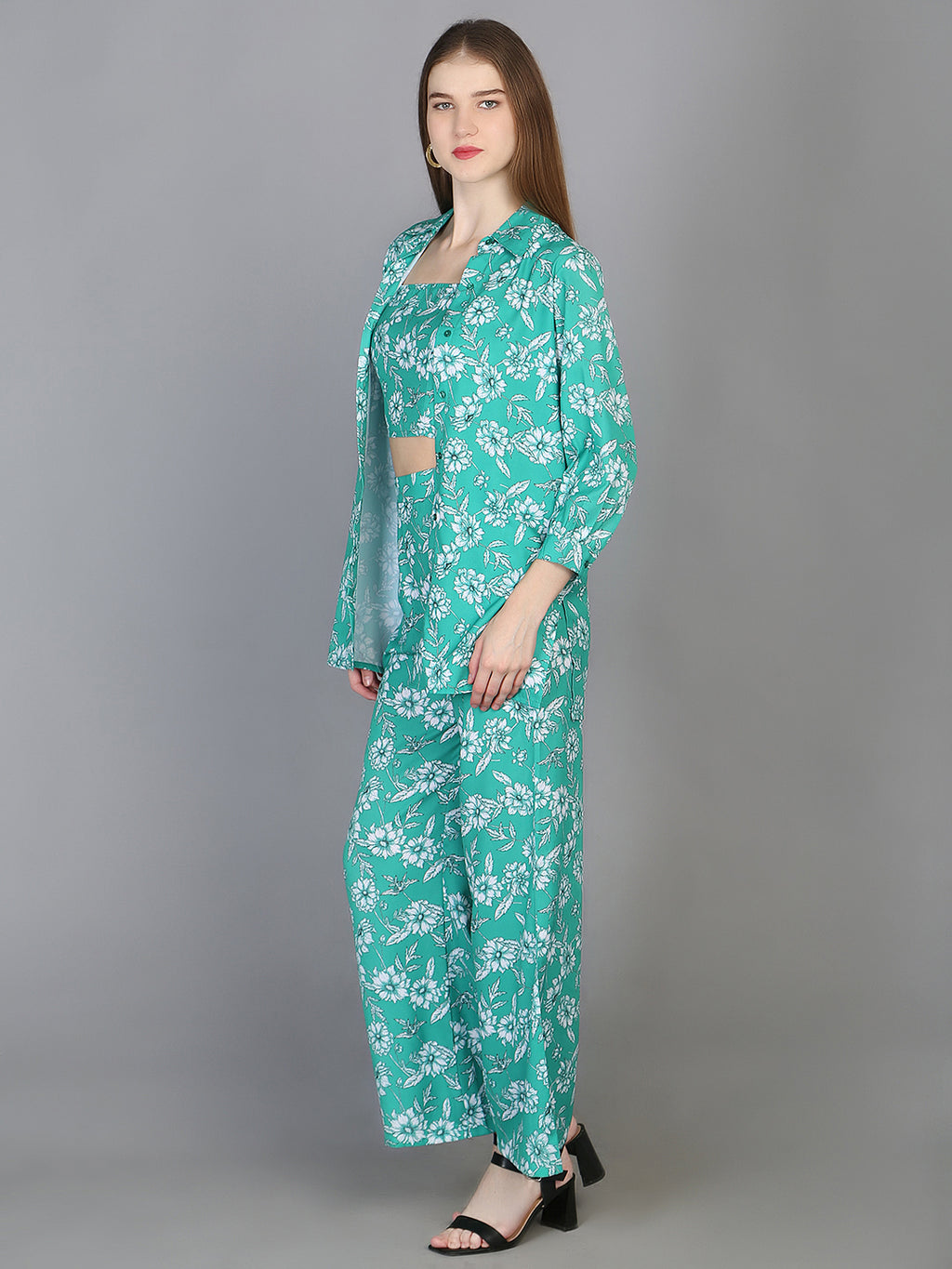 3 Pieces Floral Printed Top & Trousers with Shrug