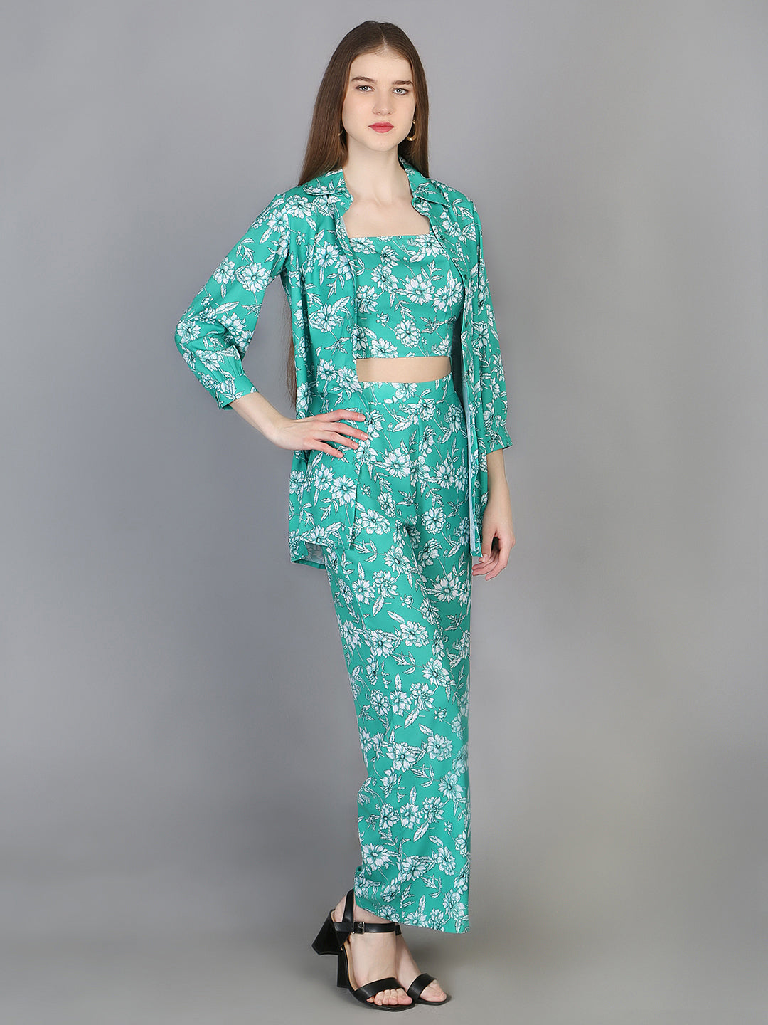 3 Pieces Floral Printed Top & Trousers with Shrug