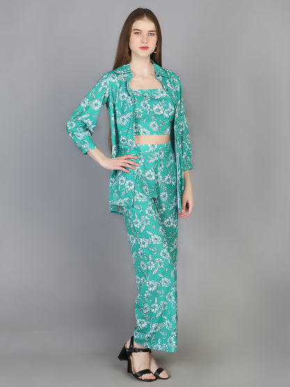 3 Pieces Floral Printed Top & Trousers with Shrug