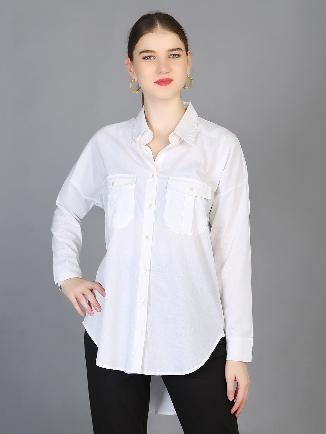 Spread Collar High-Low Cotton Shirt