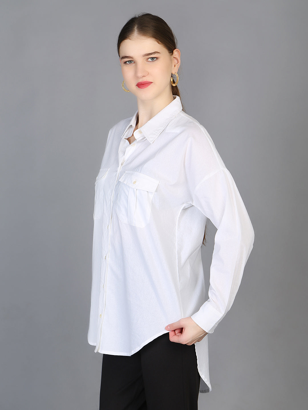 Spread Collar High-Low Cotton Shirt
