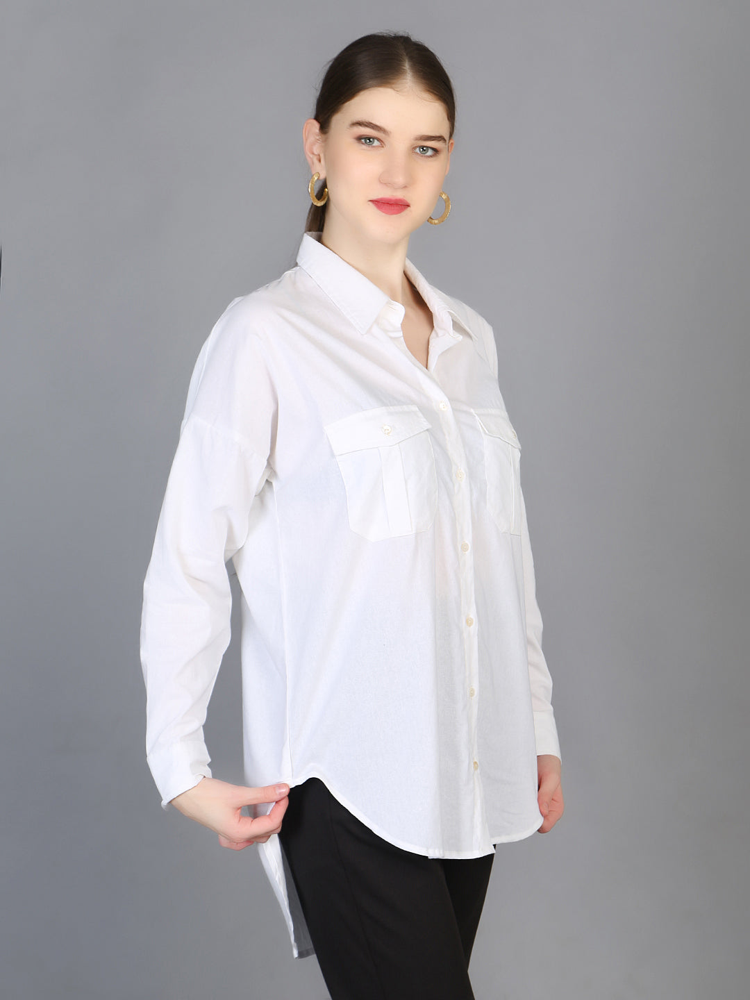 Spread Collar High-Low Cotton Shirt