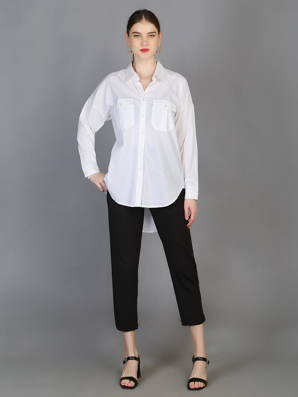 Spread Collar High-Low Cotton Shirt