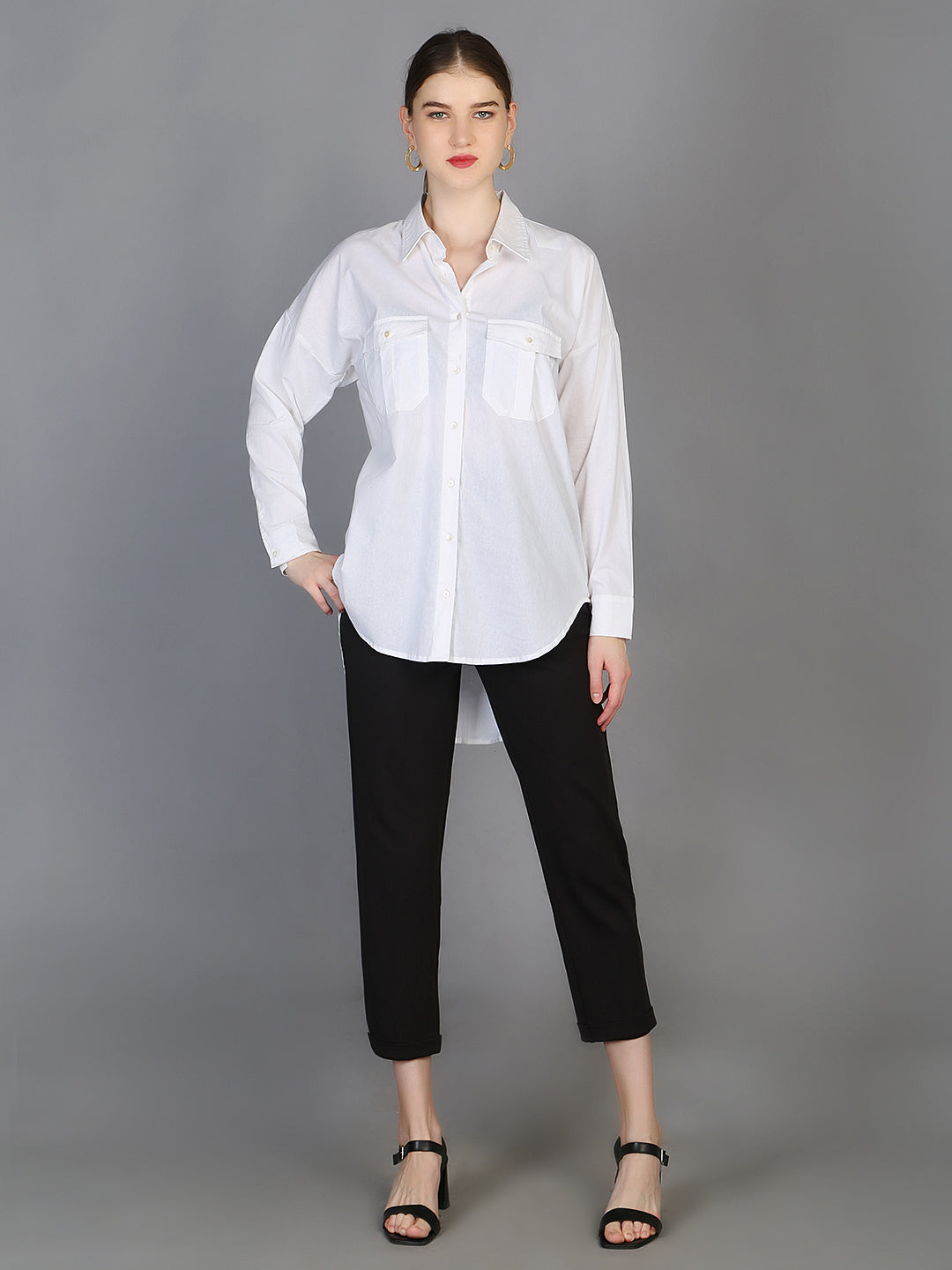 Spread Collar High-Low Cotton Shirt