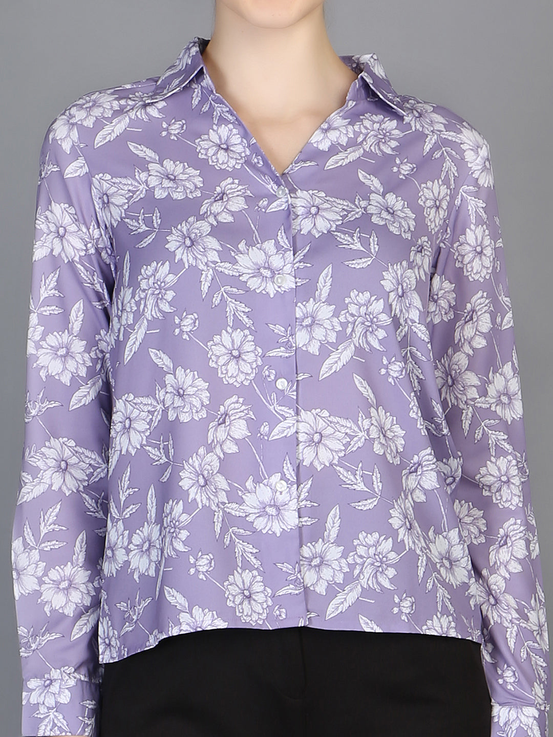 Spread Collar Floral Printed Crepe Shirt