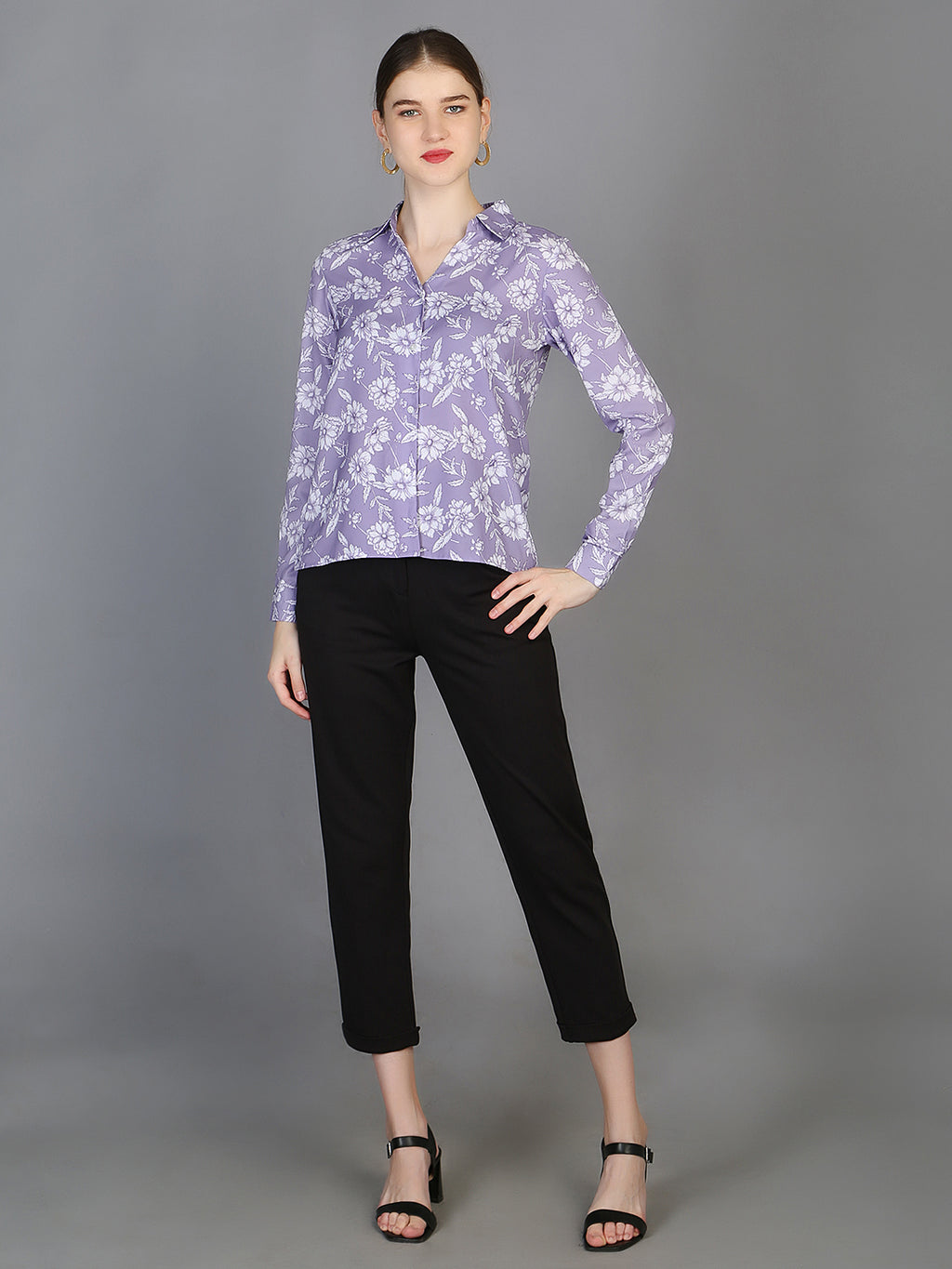 Spread Collar Floral Printed Crepe Shirt