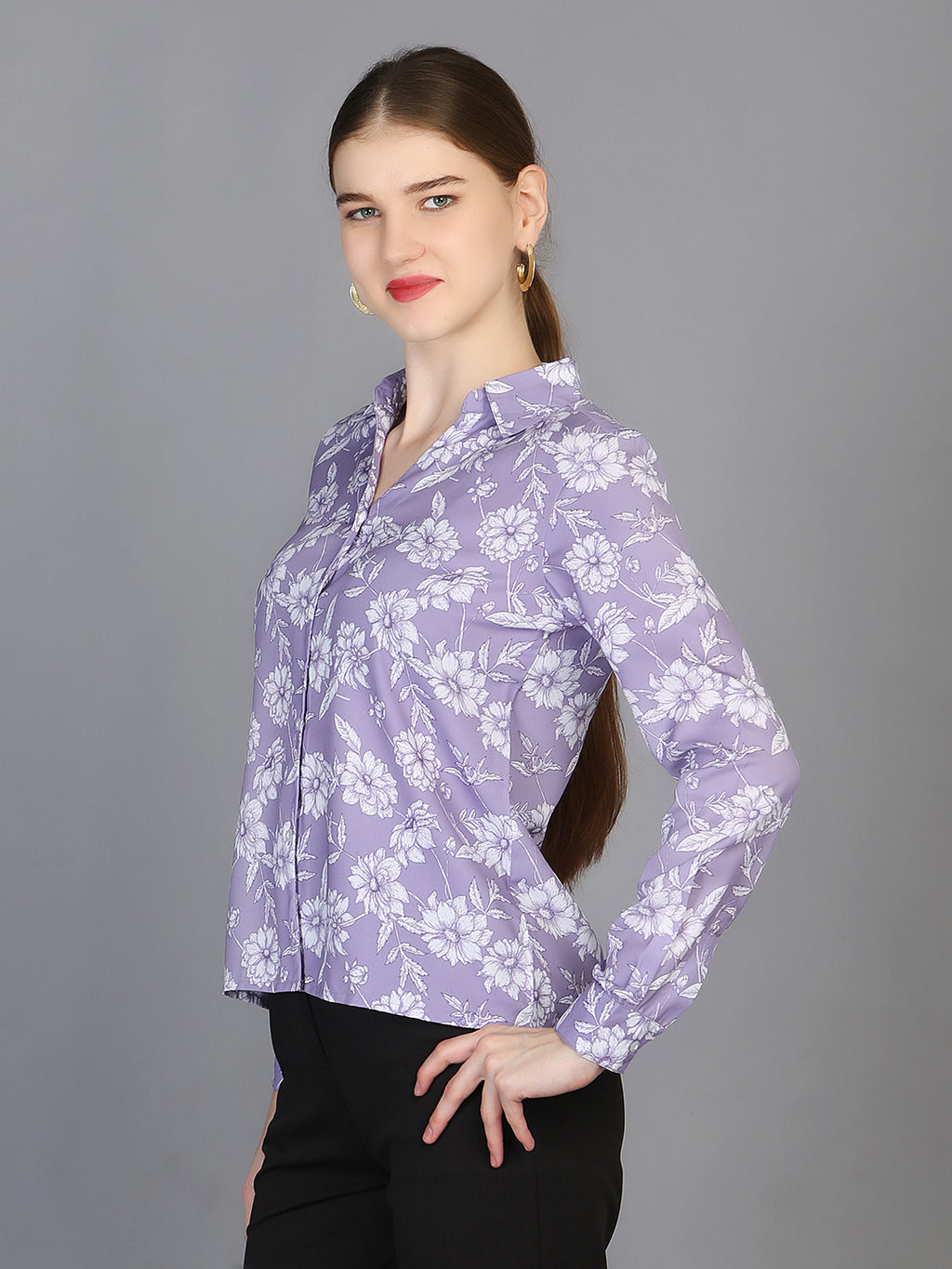 Spread Collar Floral Printed Crepe Shirt