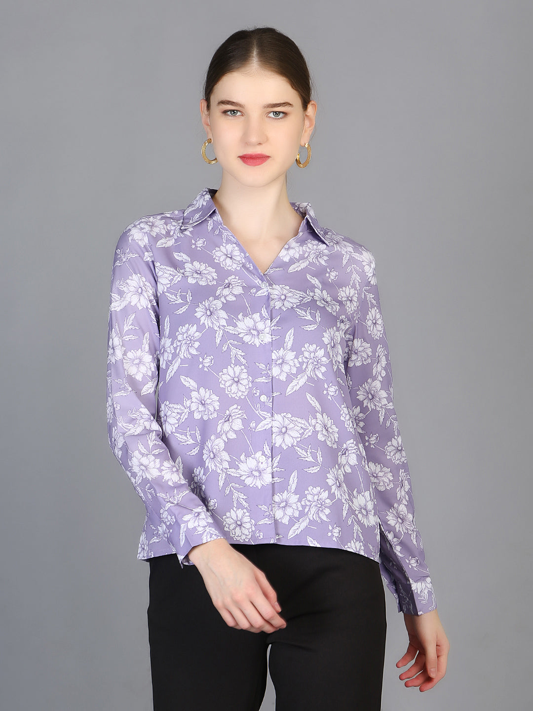 Spread Collar Floral Printed Crepe Shirt