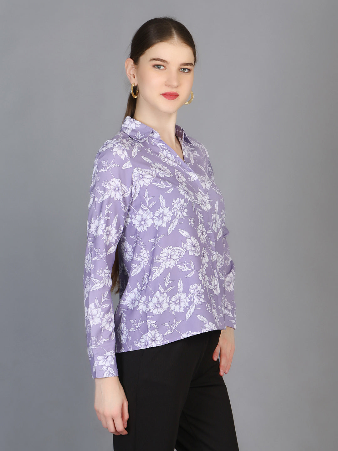Spread Collar Floral Printed Crepe Shirt