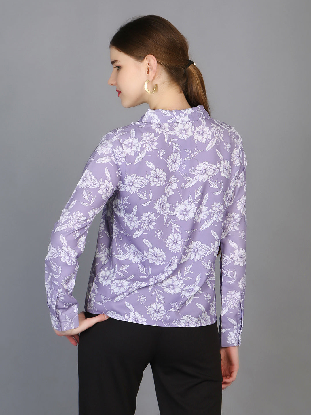 Spread Collar Floral Printed Crepe Shirt