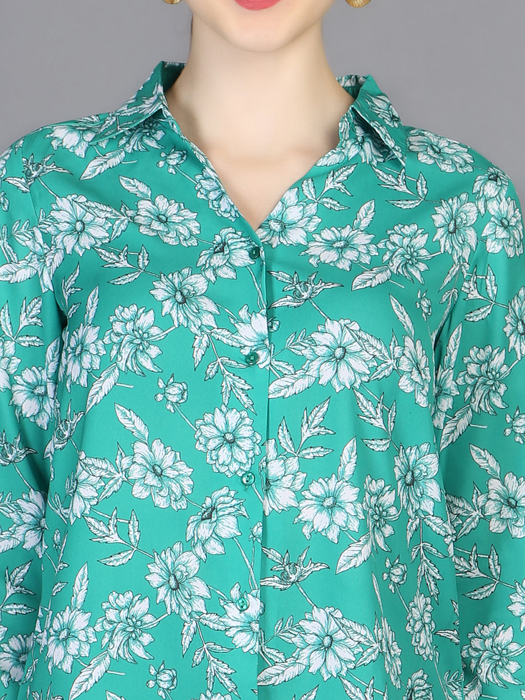 Spread Collar Floral Printed Crepe Shirt