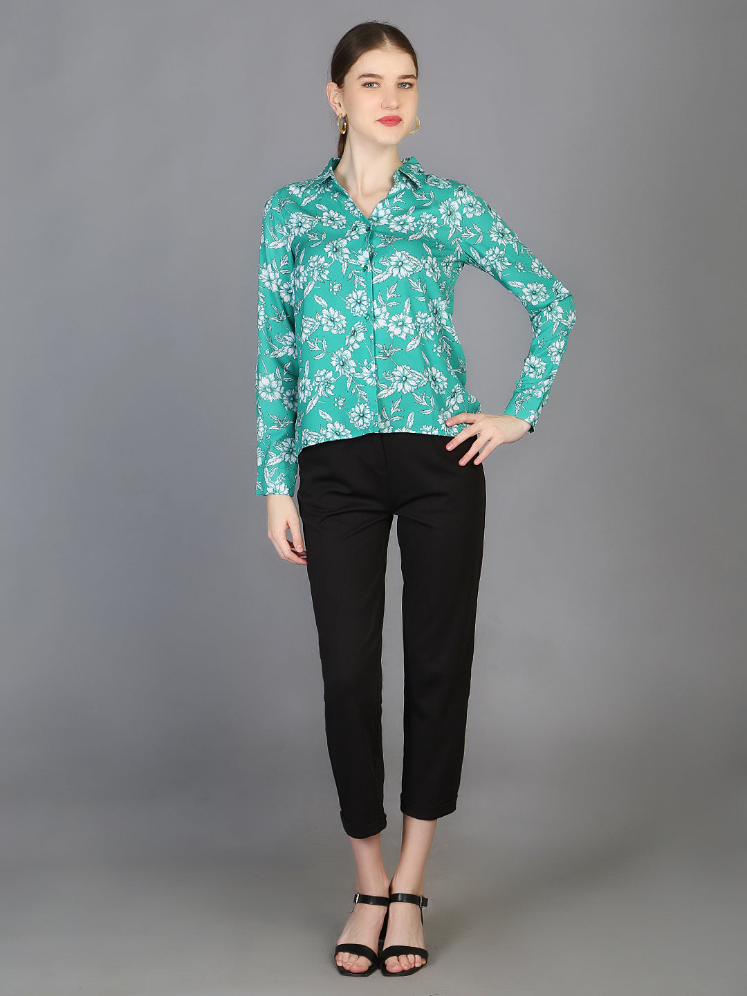 Spread Collar Floral Printed Crepe Shirt