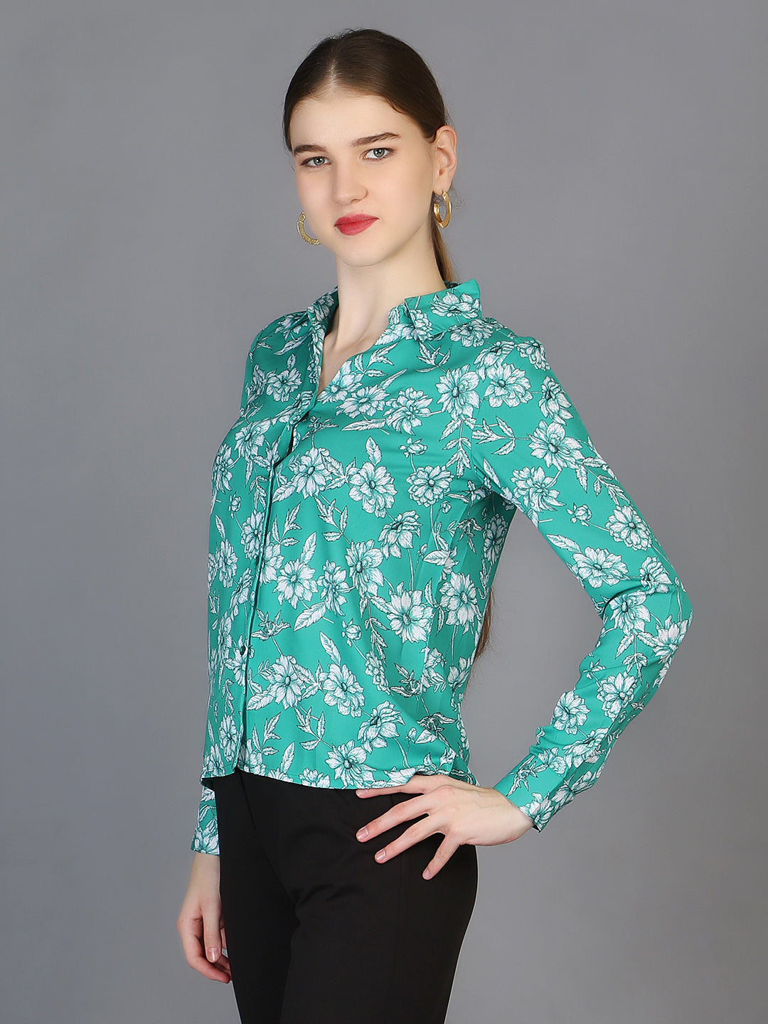 Spread Collar Floral Printed Crepe Shirt