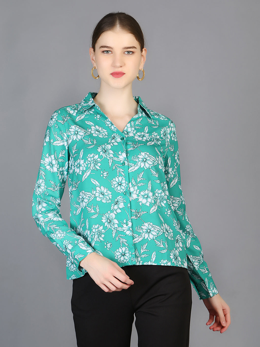 Spread Collar Floral Printed Crepe Shirt
