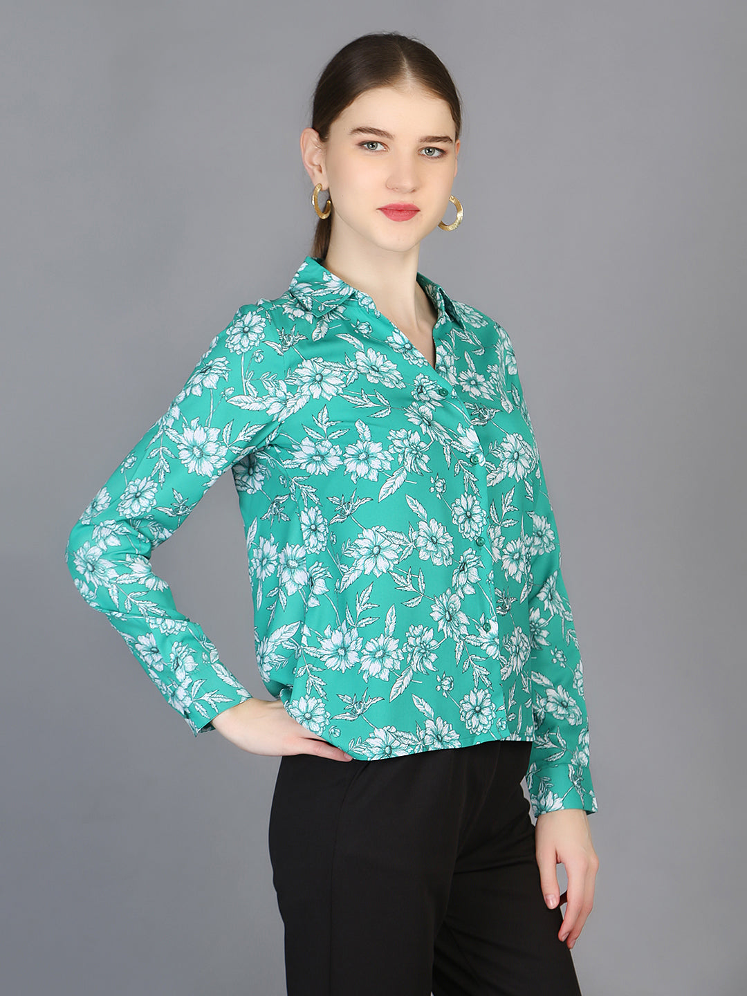 Spread Collar Floral Printed Crepe Shirt