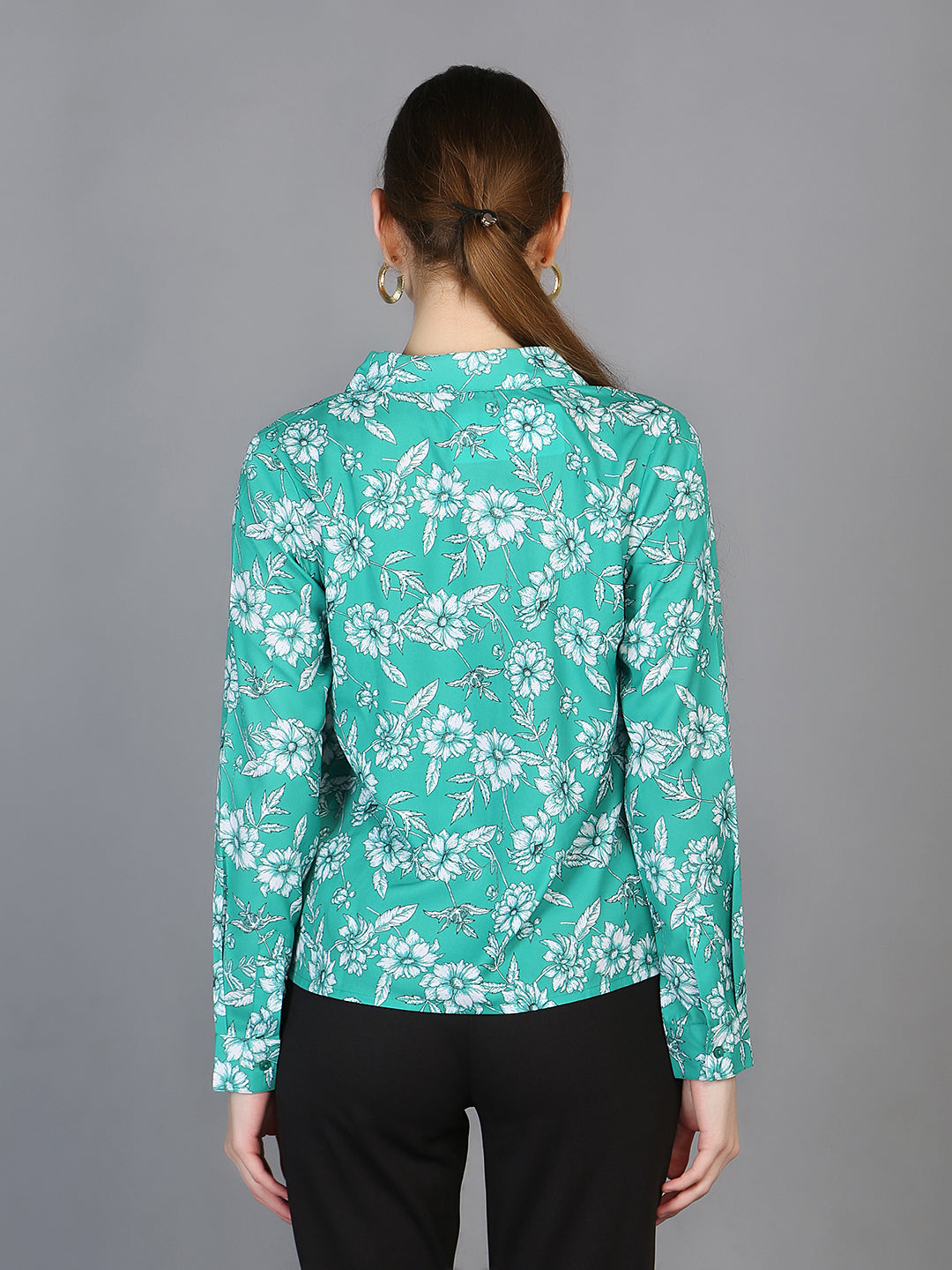 Spread Collar Floral Printed Crepe Shirt