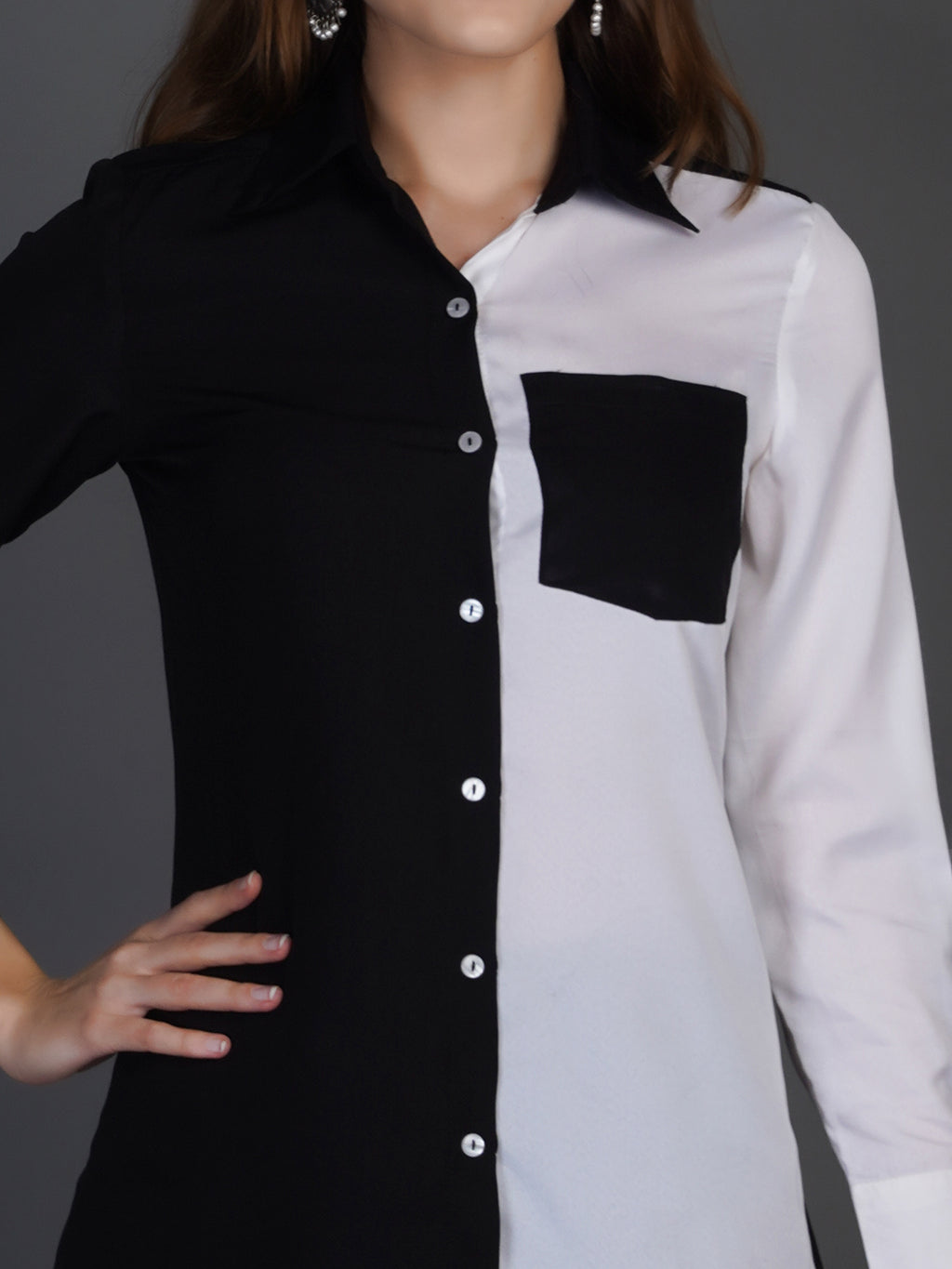 Colourblocked Spread Collar Long Sleeves Casual Shirt