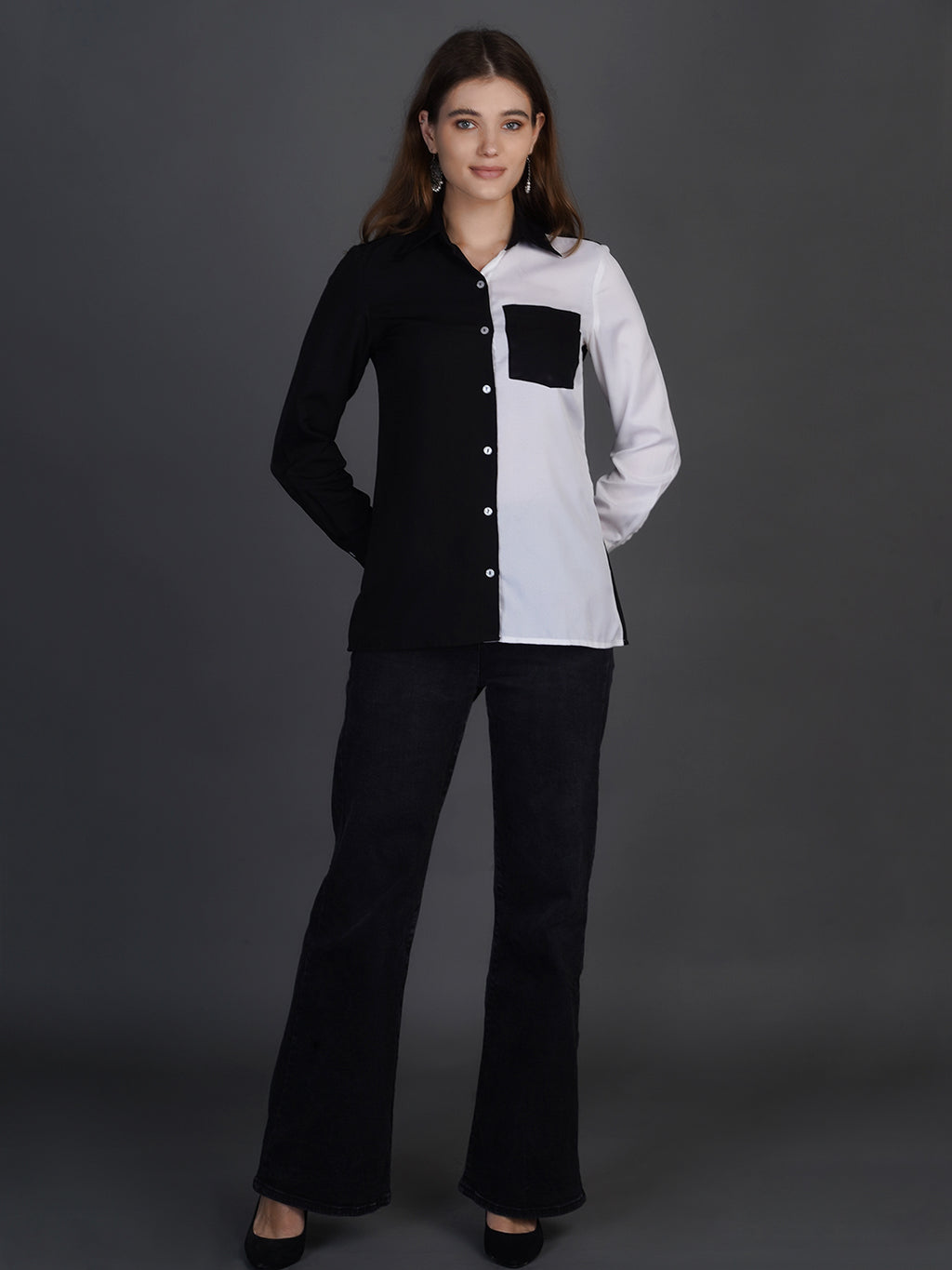 Colourblocked Spread Collar Long Sleeves Casual Shirt