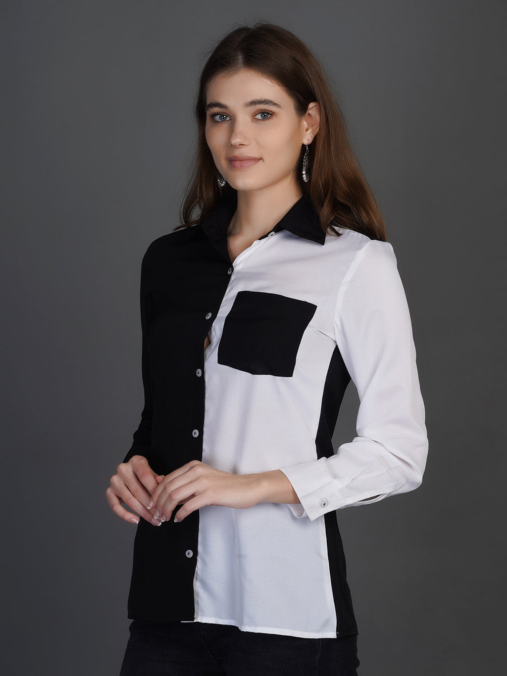Colourblocked Spread Collar Long Sleeves Casual Shirt