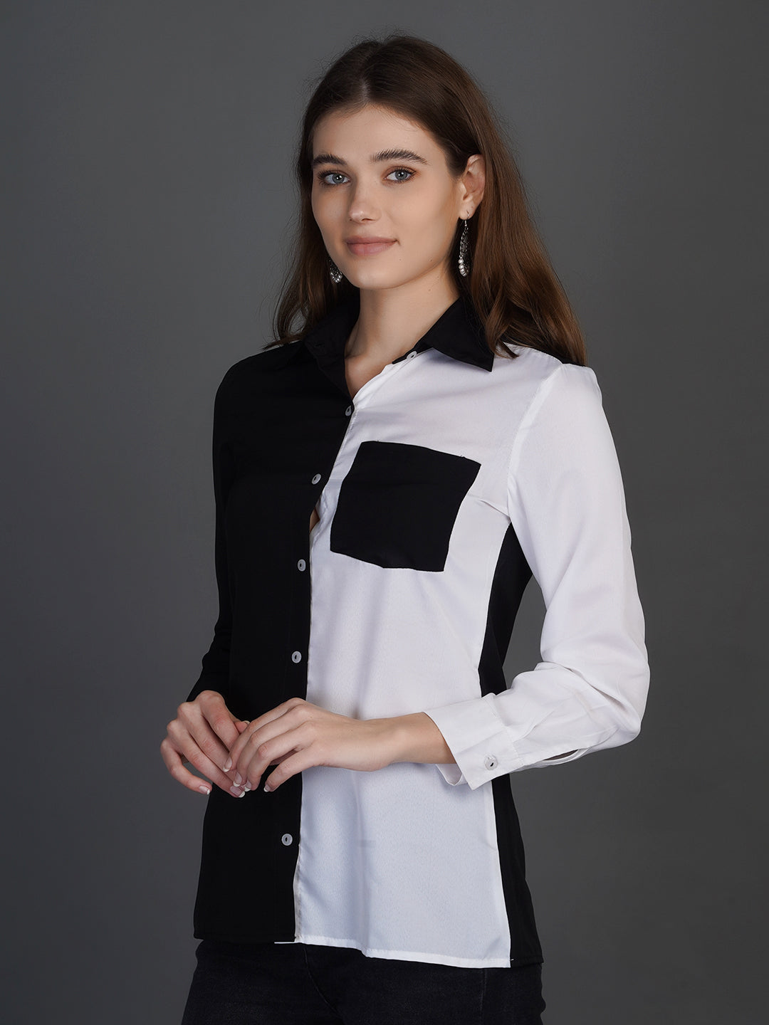 Colourblocked Spread Collar Long Sleeves Casual Shirt