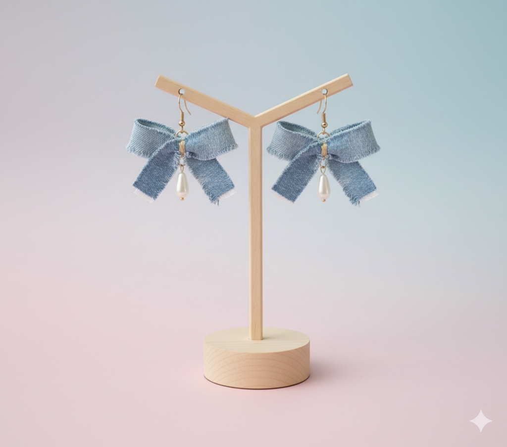 Denim Bow Pearl Drops
