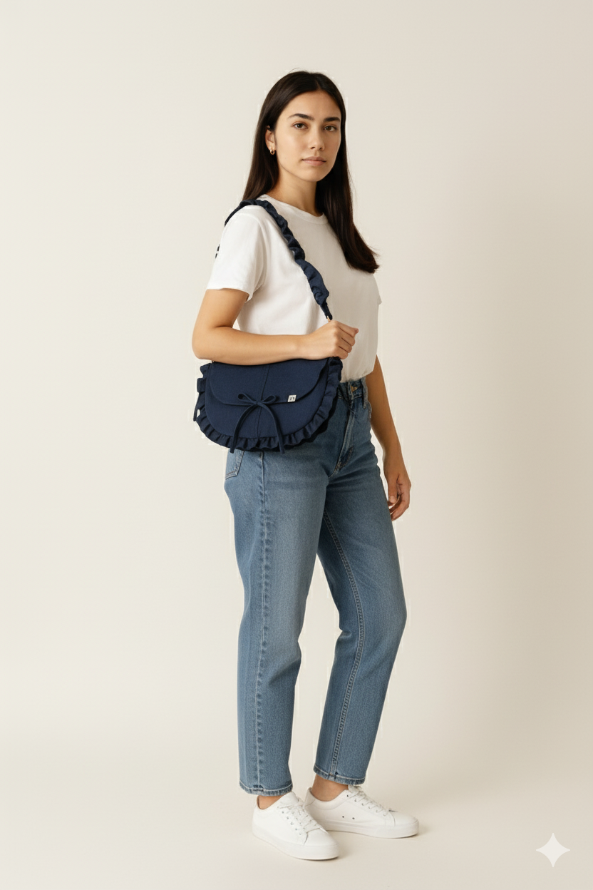 The Classic Indigo Ruffle Bag