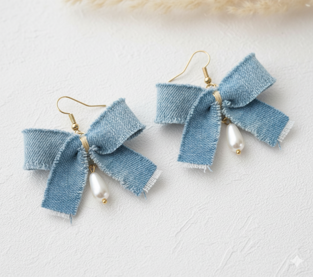Denim Bow Pearl Drops