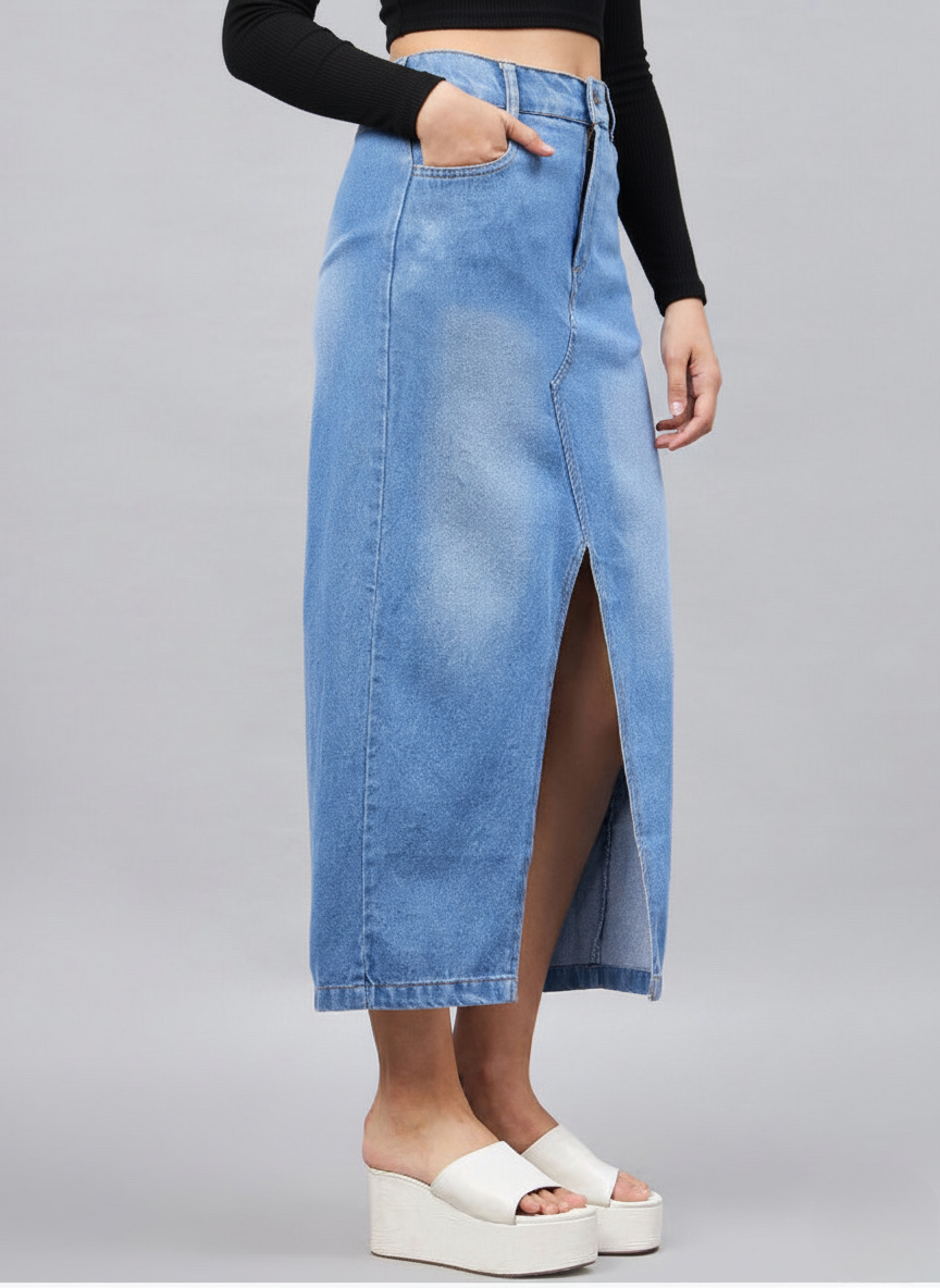 Straight Maxi Length Cotton Denim Skirt