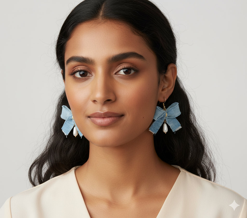 Denim Bow Pearl Drops