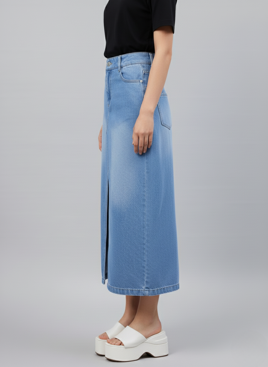 Straight Maxi Length Cotton Denim Skirt