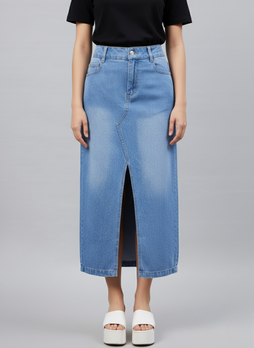 Straight Maxi Length Cotton Denim Skirt
