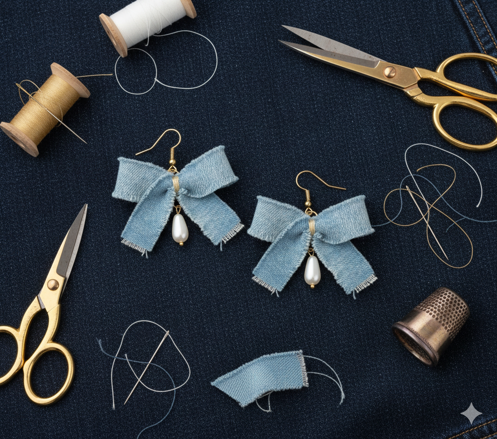 Denim Bow Pearl Drops