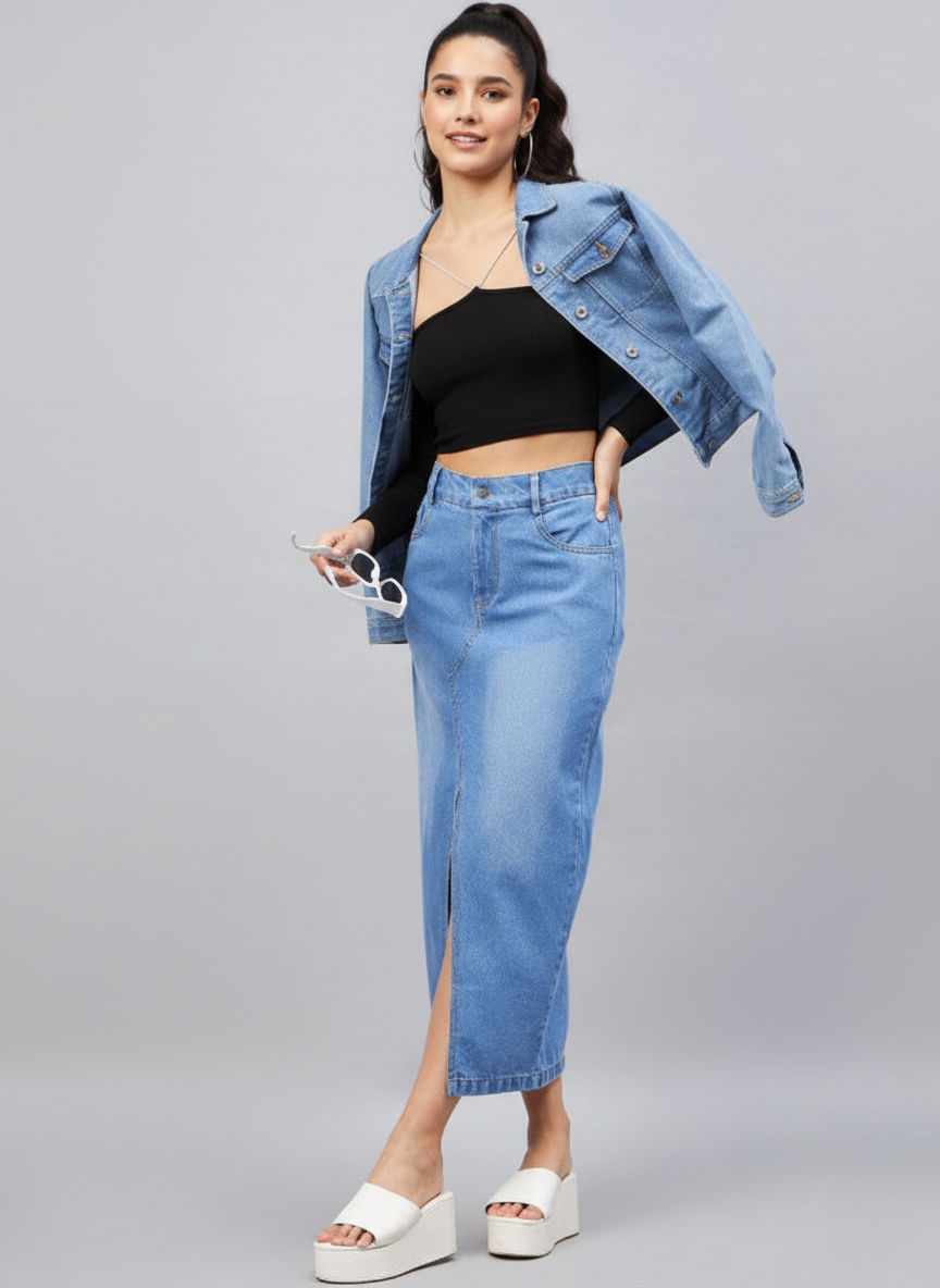 Straight Maxi Length Cotton Denim Skirt