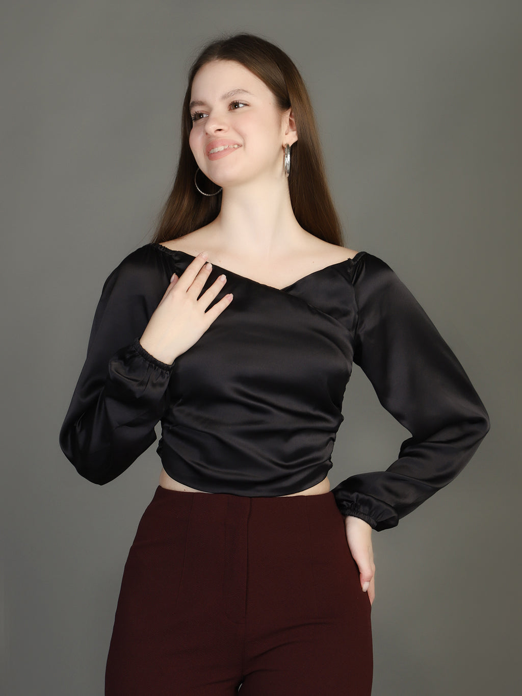 V-Neck Satin Wrap Crop Top