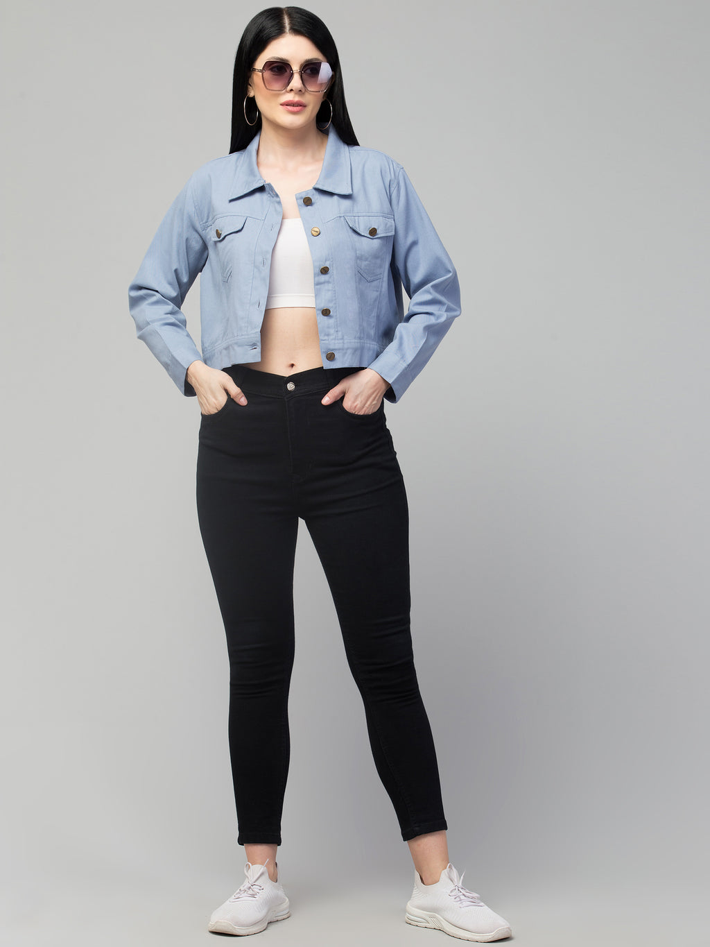 Blue Spread Collar Crop Cotton  Denim Jacket